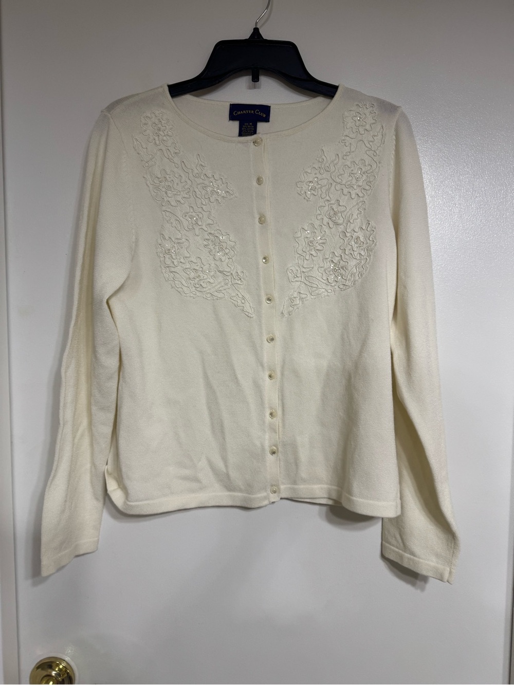 Charter Club Ivory Embroidered Button Cardigan